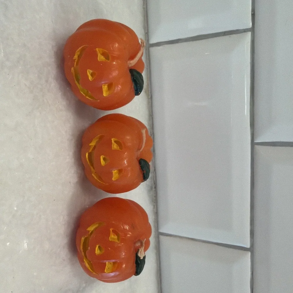Set Of 3 Vintage 1980's Halloween Pumpkin Jack-O-Lantern Candle Decoration